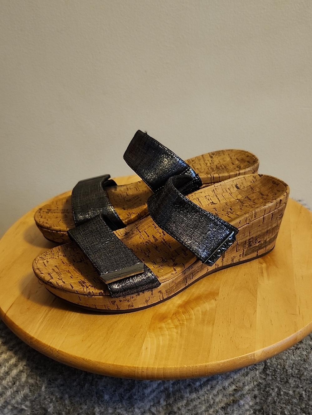 Vionic Black Metallic Dual-Strap Cork Wedge Heel Sandals Resortwear Elevated